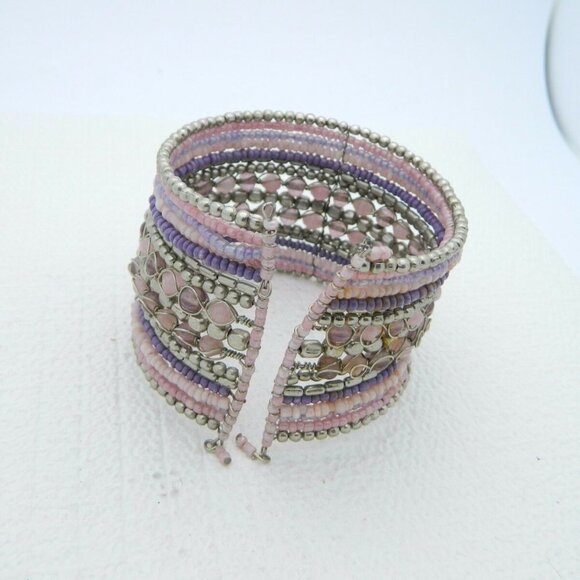 Multi-Colored Pink Purple Glass Bead Beaded Cuff - Picture 4 of 5